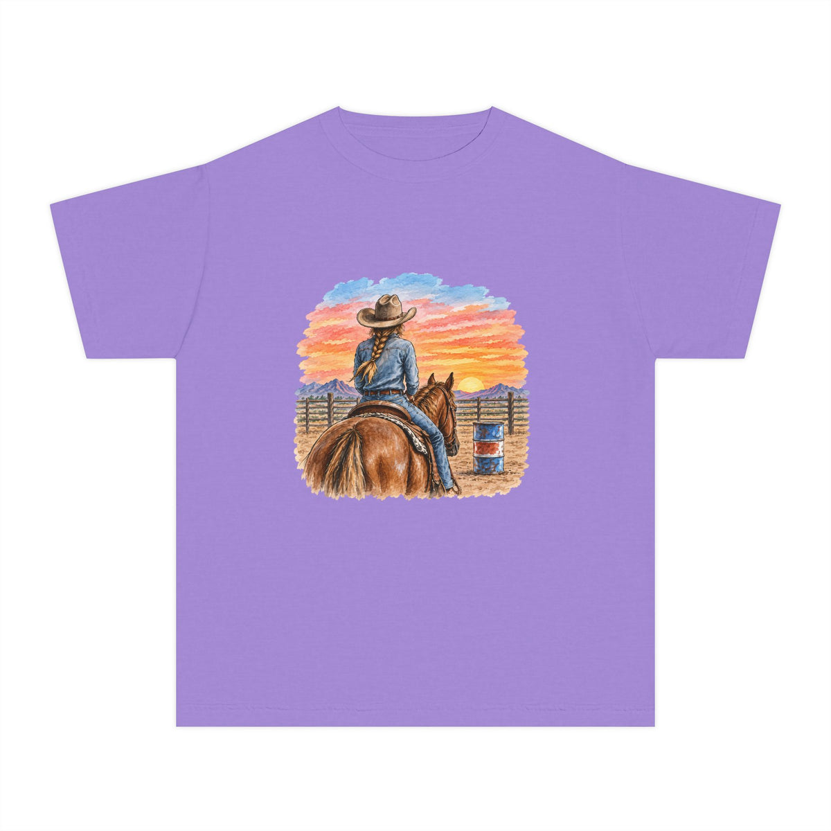 Sunset barrel racer Youth Tee | Barrel Racing Sunset Western