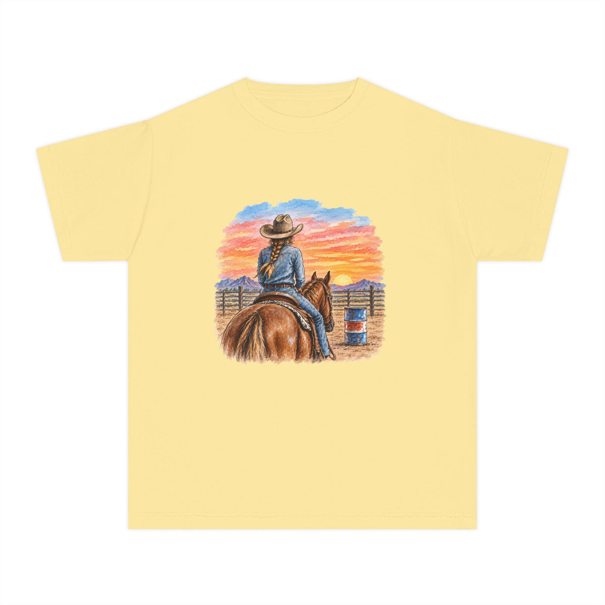 Sunset barrel racer Youth Tee | Barrel Racing Sunset Western