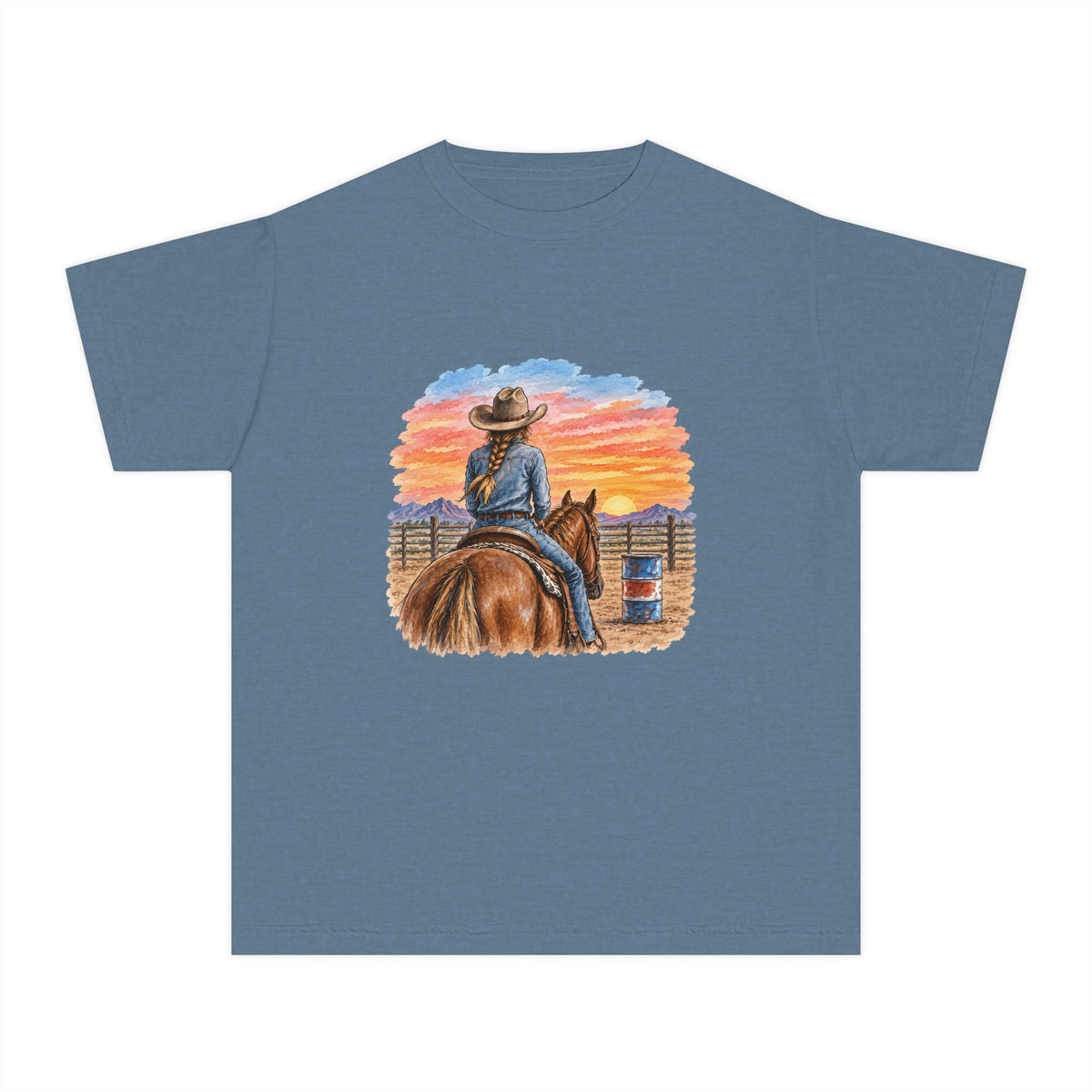 Sunset barrel racer Youth Tee | Barrel Racing Sunset Western