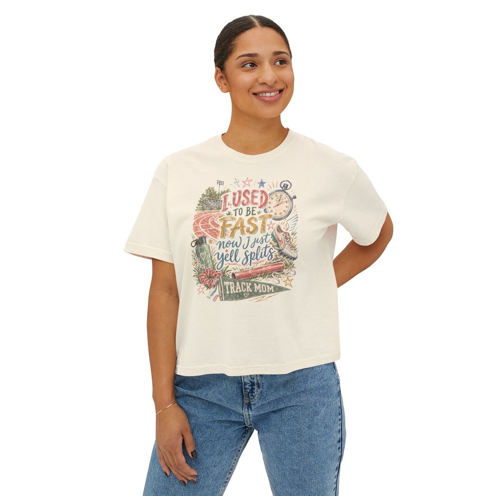 Track Mom Boxy Tee — "I Used To Be Fast Now I Just Yell Splits" Comfort Colors