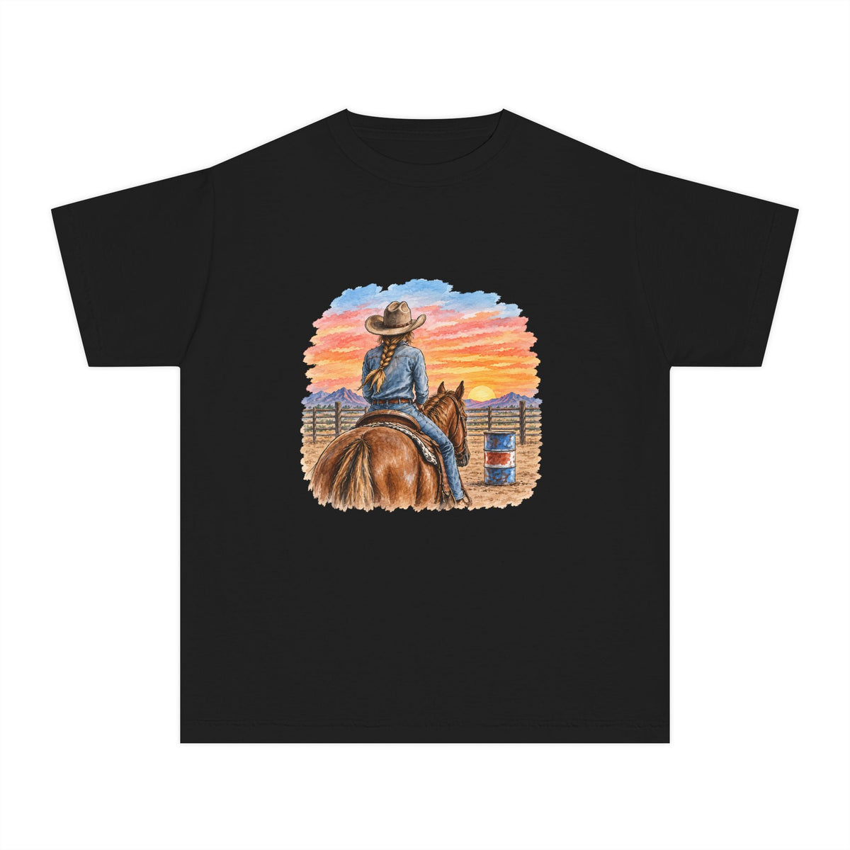 Sunset barrel racer Youth Tee | Barrel Racing Sunset Western