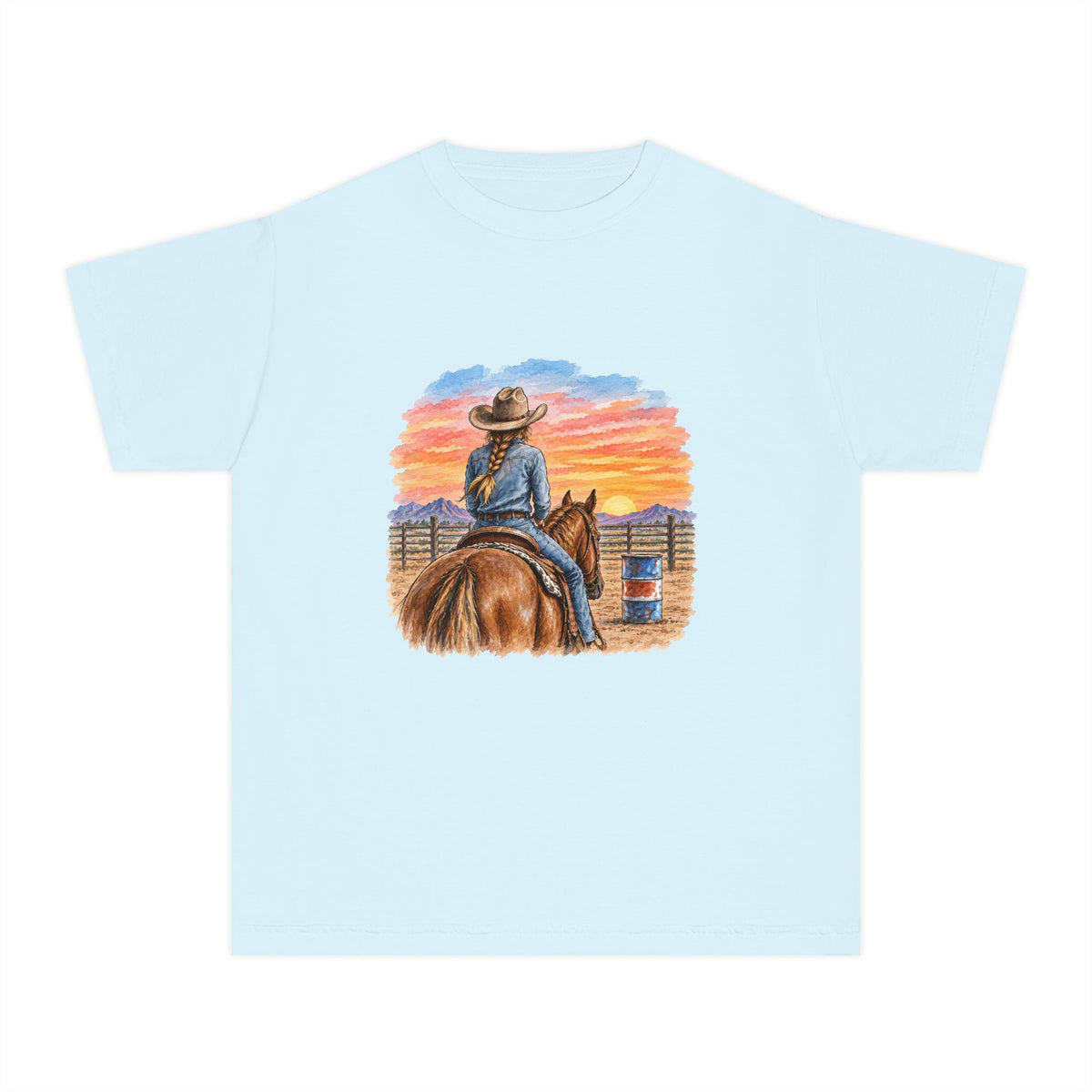 Sunset barrel racer Youth Tee | Barrel Racing Sunset Western