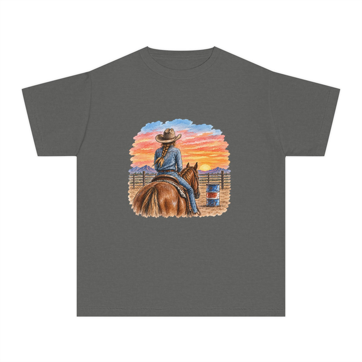 Sunset barrel racer Youth Tee | Barrel Racing Sunset Western