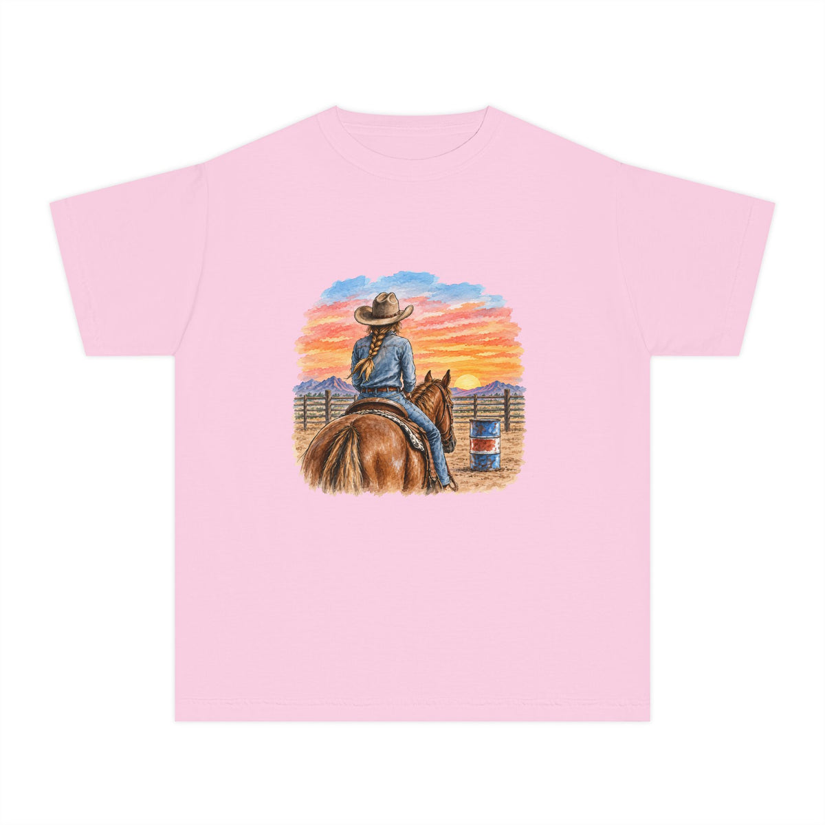 Sunset barrel racer Youth Tee | Barrel Racing Sunset Western