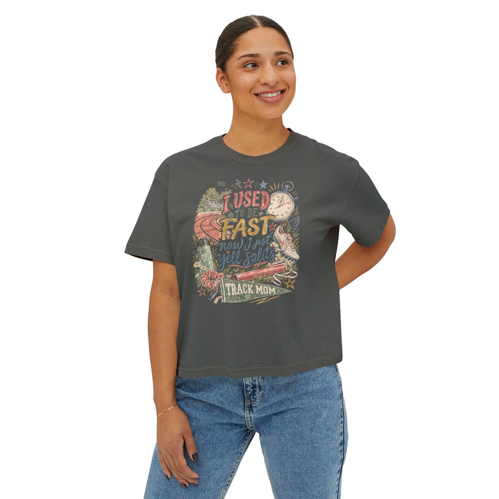 Track Mom Boxy Tee — "I Used To Be Fast Now I Just Yell Splits" Comfort Colors