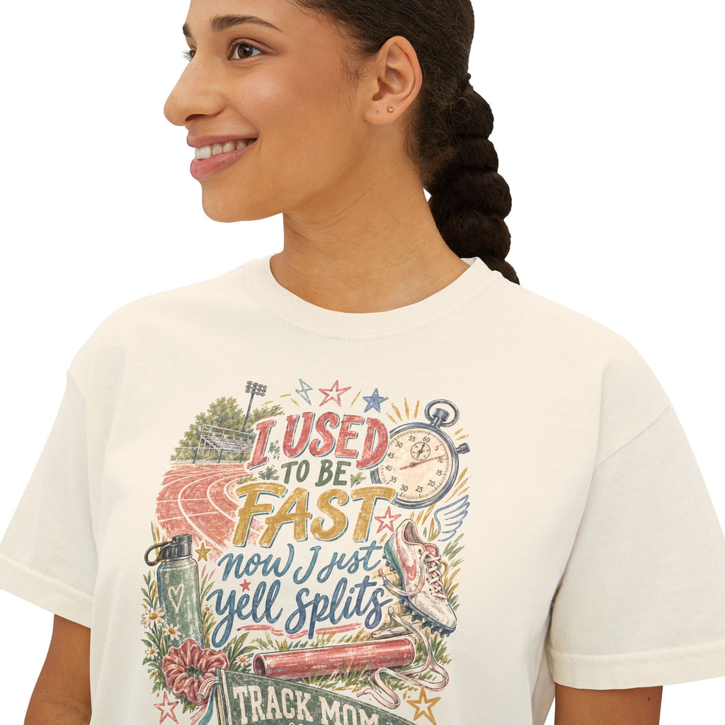 Track Mom Boxy Tee — "I Used To Be Fast Now I Just Yell Splits" Comfort Colors