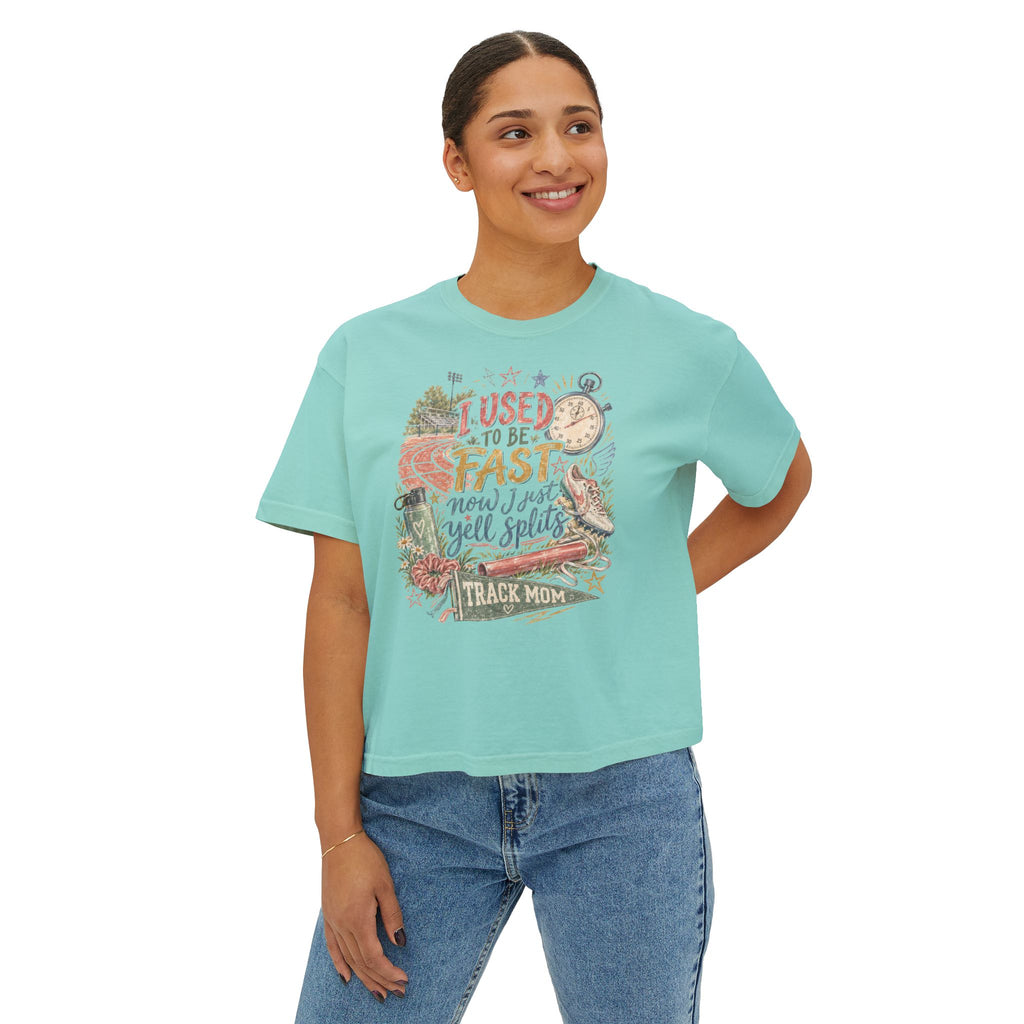 Track Mom Boxy Tee — "I Used To Be Fast Now I Just Yell Splits" Comfort Colors