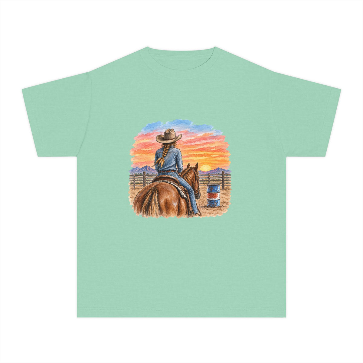 Sunset barrel racer Youth Tee | Barrel Racing Sunset Western