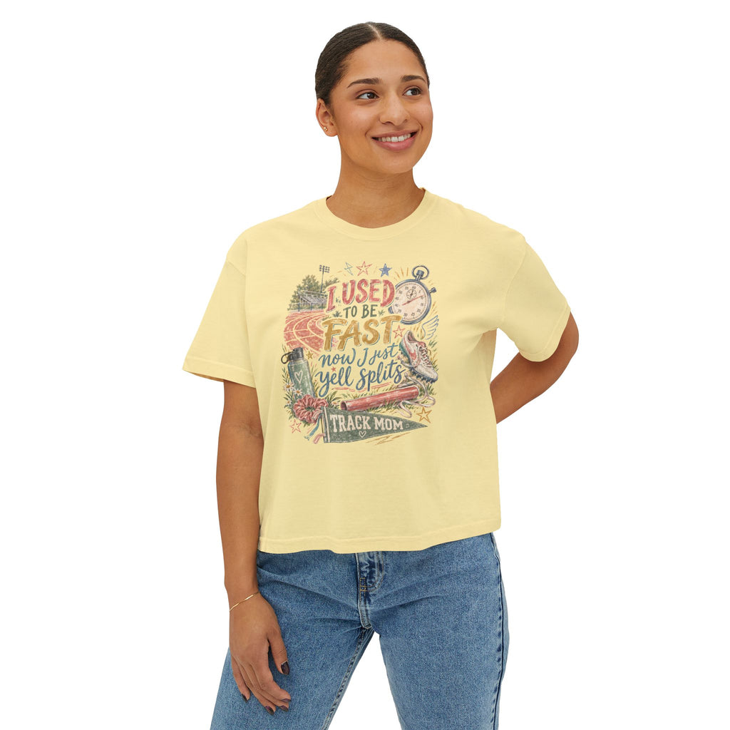 Track Mom Boxy Tee — "I Used To Be Fast Now I Just Yell Splits" Comfort Colors