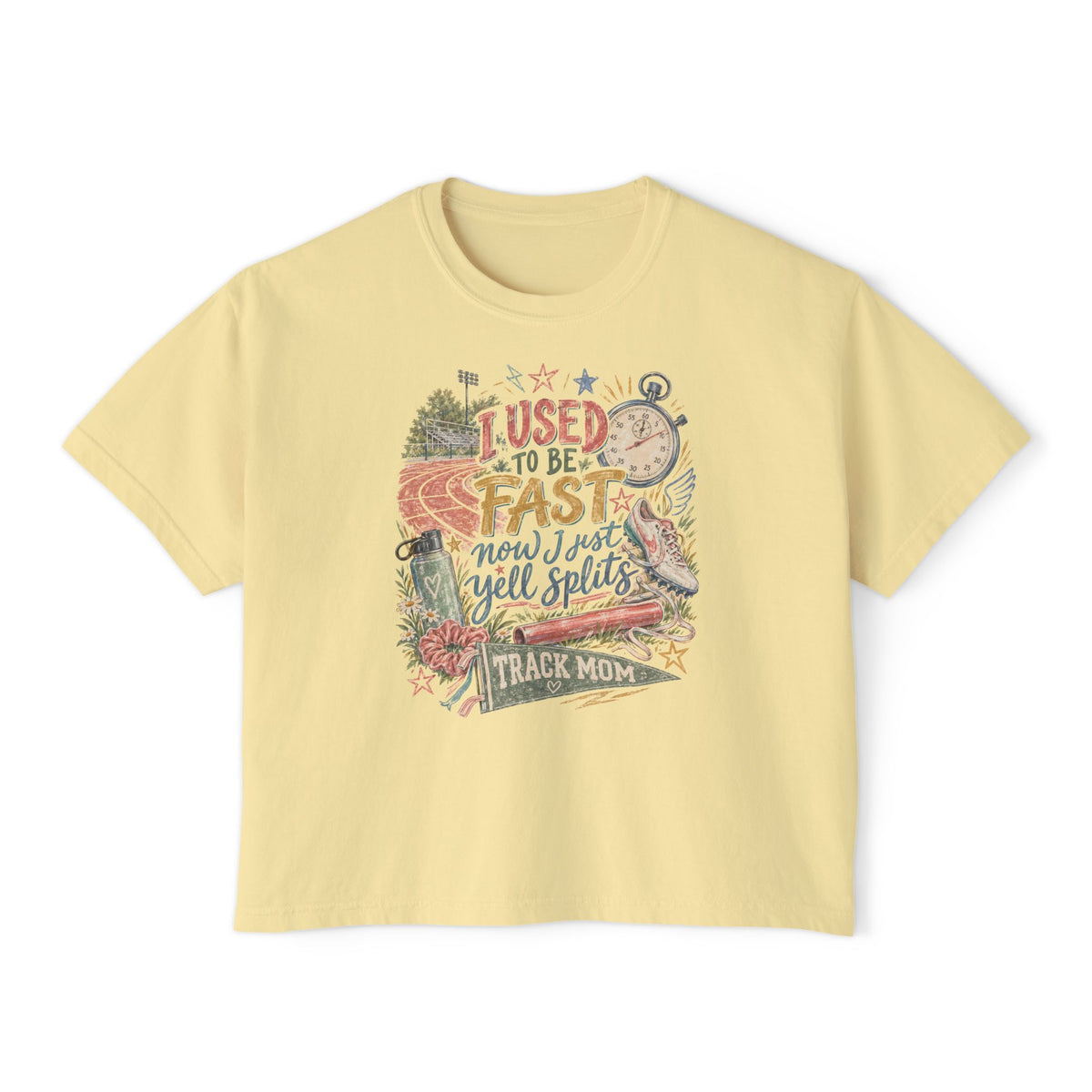 Track Mom Boxy Tee — "I Used To Be Fast Now I Just Yell Splits" Comfort Colors