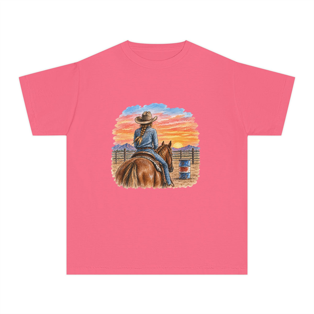 Sunset barrel racer Youth Tee | Barrel Racing Sunset Western